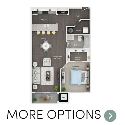 Floor Plan  A floor plan of a small apartment with a living room, dining room, kitchen, bathroom, and balcony.