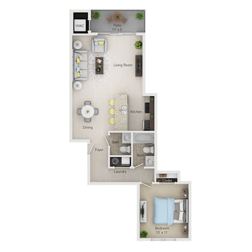 Floor Plan  A floor plan of a small apartment with a living room, kitchen, bathroom, and laundry room.