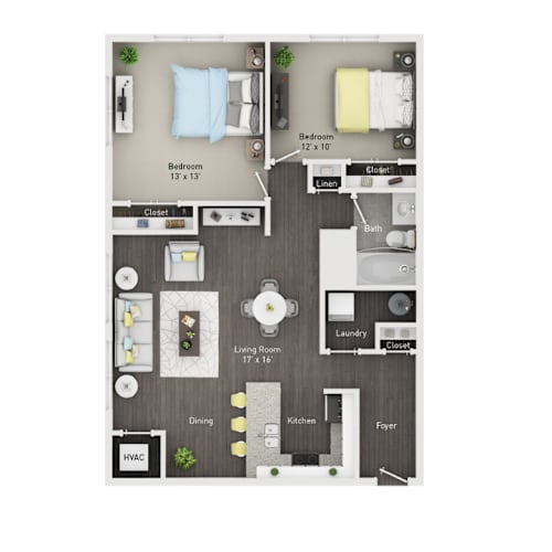 Floor Plan  A floor plan of a two-bedroom apartment with a living room, dining area, kitchen, and laundry room.