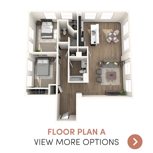 Floor Plan  A floor plan of a house with a living room, kitchen, and two bedrooms.