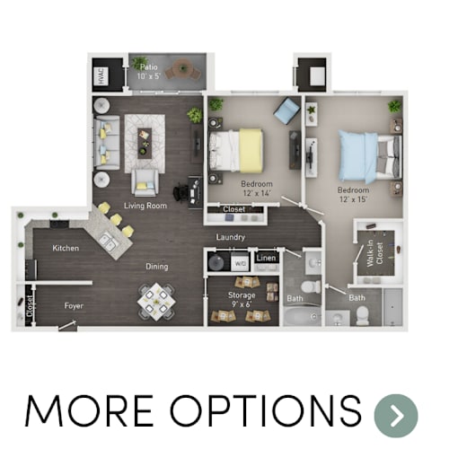 Floor Plan  A floor plan of a small apartment with a living room, kitchen, dining area, and two bedrooms.