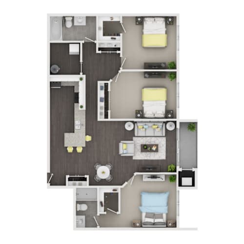 Floor Plan  A floor plan of a small apartment with a kitchen, living room, and bathroom.
