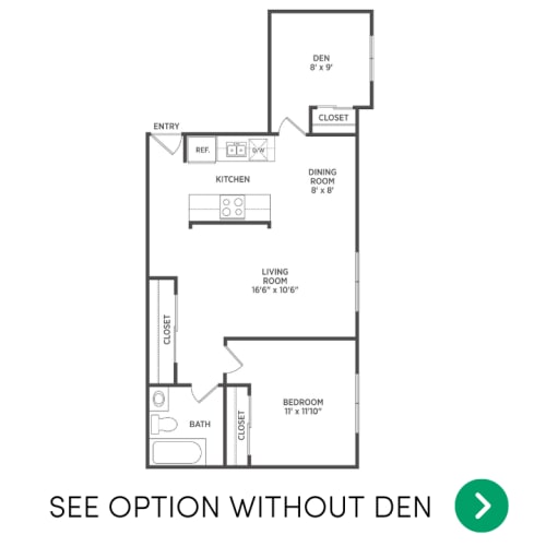 Floor Plan  1 Bedroom with a den apartment floor plan in East Lansing, MI near Michigan State University | Woodbrook Village Apartments