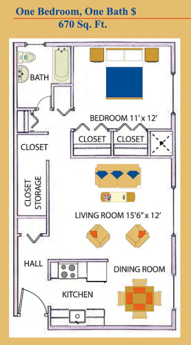 Floor Plan  a floor plan of one bedroom, one bath