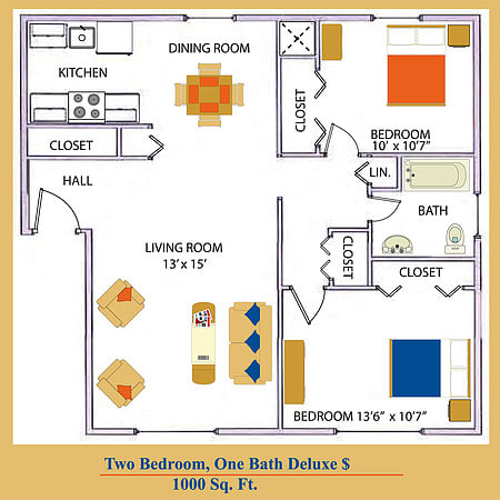 Floor Plan  a floor plan of two bedroom, one bath deluxe s