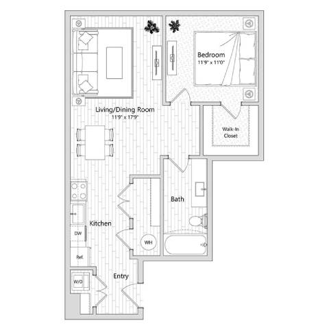 Floor Plan  A floor plan of a small apartment with a living room, kitchen, bathroom, and bedroom.