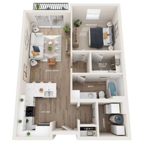 Floor Plan  A 3D floor plan of a small apartment with a living room, kitchen, bathroom, and bedroom.