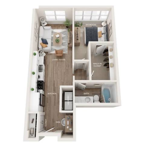 Floor Plan  A diagram of a small apartment with a living room, kitchen, bathroom, and bedroom.