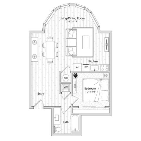 Floor Plan  A floor plan of a house with a living/dining room, kitchen, bedroom, and bathroom.