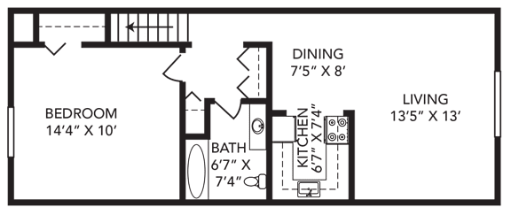Floor Plan  A floor plan of a house with a bedroom, bathroom, kitchen, dining area, and living room.