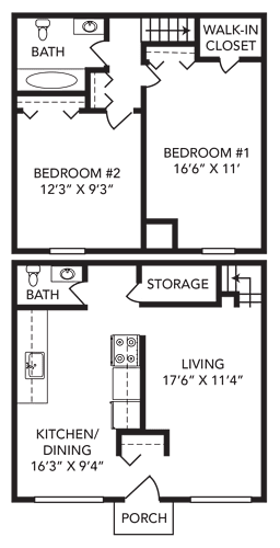 Floor Plan  A floor plan of a home with two bedrooms, a living area, a kitchen/dining area, a storage space, a porch, and a bathroom.