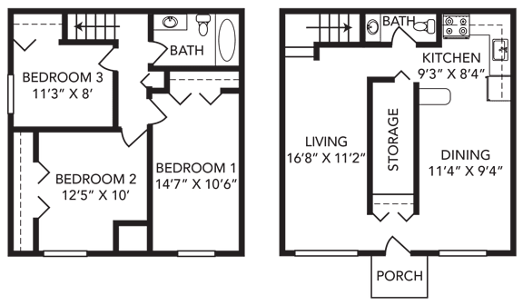 Floor Plan  A floor plan of a two bedroom apartment with a living room, kitchen, dining room and bathrooms.