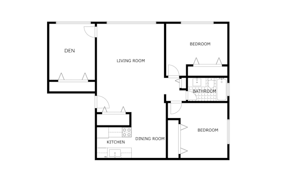 Floor Plan  A floor plan of a house with a den, two bedrooms, a bathroom, a kitchen, and a dining room.