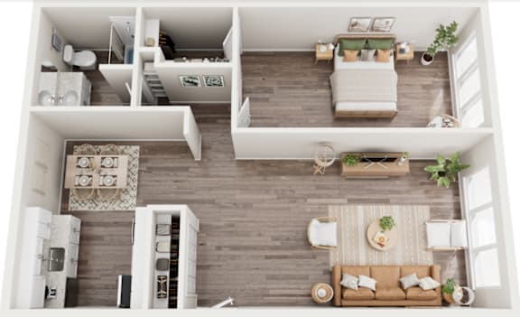 Floor Plan  a 3d rendering of the living room and bedroom of a 2100 sq ft apartment