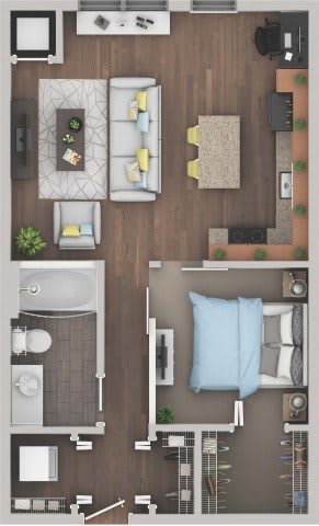 Floor Plan  A top-down view of a well-organized apartment with a living room, kitchen, and bathroom.