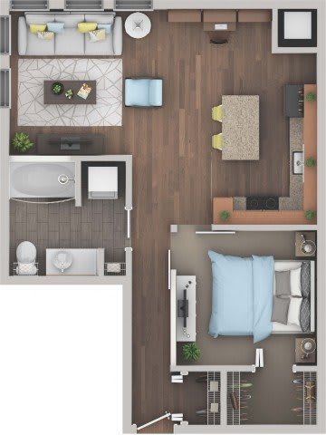 Floor Plan  A top-down view of a small apartment with a bedroom, living room, and bathroom.