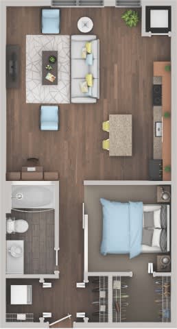 Floor Plan  A top-down view of a small apartment with a bedroom, living room, and kitchen.