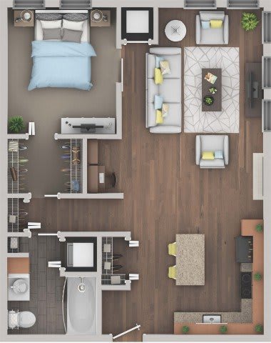 Floor Plan  A top-down view of a living room with a couch, coffee table, and television.