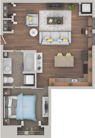 Floor Plan  A top-down view of a living room with a couch, coffee table, and television.