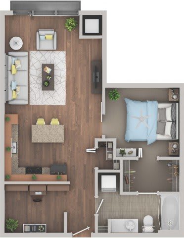 Floor Plan  A top-down view of a small apartment with a kitchen, living room, and bathroom.