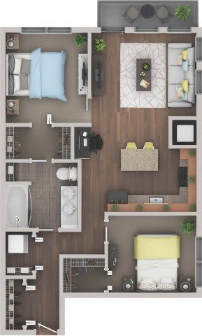 Floor Plan  A top-down view of a small apartment with a kitchen, living room, and bedroom.