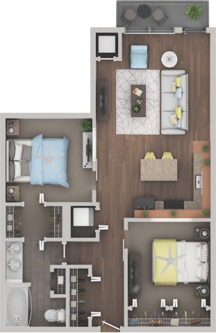 Floor Plan  A floor plan of a small apartment with a kitchen, living room, and bathroom.