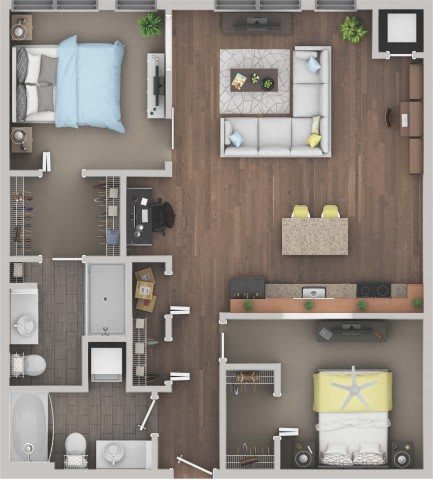 Floor Plan  A top-down view of a small apartment with a bedroom, living room, and kitchen.