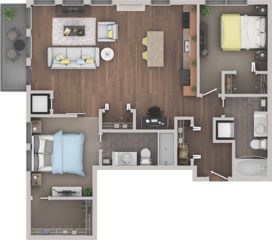 Floor Plan  A top-down view of a well-organized apartment with a living room, kitchen, and bathroom.