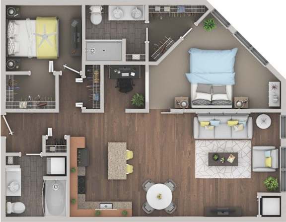 Floor Plan  A top-down view of a house layout with a living room, kitchen, and bathroom.