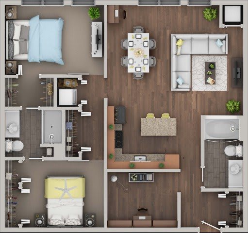 Floor Plan  A top-down view of a house layout with a kitchen, living room, dining area, and bathroom.