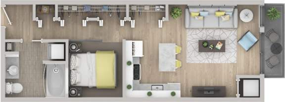 Floor Plan  A top-down view of a living room with a couch, coffee table, and television.