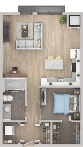 Floor Plan  A top-down view of a small apartment with a kitchen, living room, and bathroom.