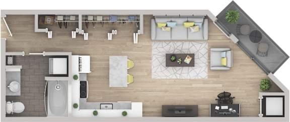 Floor Plan  A top-down view of a house interior with a kitchen, living room, and dining area.