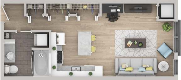 Floor Plan  A top-down view of a living room with a couch, coffee table, and kitchen area.