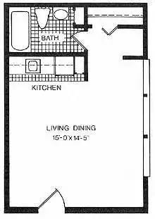 Floor Plan  A floor plan of a small apartment with a living room, kitchen, and bathroom.