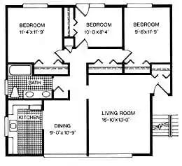 Floor Plan  A black and white image of a house floor plan with three bedrooms, a living room, a dining room, and a kitchen.