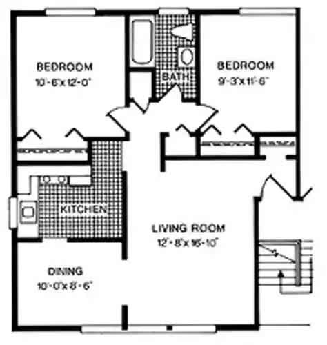 Floor Plan  A black and white image of a house floor plan with a living room, two bedrooms, a kitchen, and a dining room.