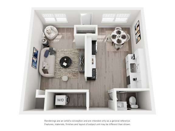 Floor Plan  A white interior design rendering of a small apartment.