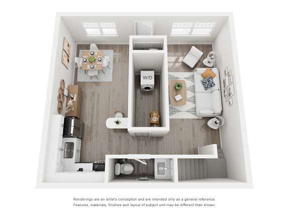 Floor Plan  A top-down view of a kitchen with a dining table and chairs, a refrigerator, a sink, and a counter with a toaster and a coffee maker.
