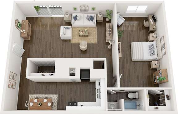 Floor Plan  A top-down view of a small apartment with a kitchen, living room, and bedroom.