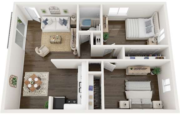 Floor Plan  A top-down view of a small apartment with a living room, kitchen, and bedroom.