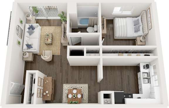 Floor Plan  A top-down view of a small apartment with a kitchen, living room, and bedroom.