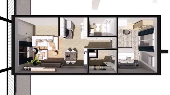 Floor Plan  A modern apartment layout with a kitchen, living room, and bedrooms.