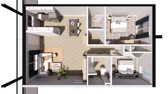 Floor Plan  A 3D rendered image of a modern apartment layout.