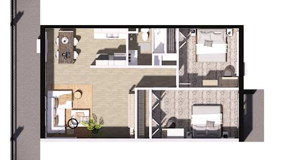 Floor Plan  A floor plan of a house with a kitchen, living room, and two bedrooms.