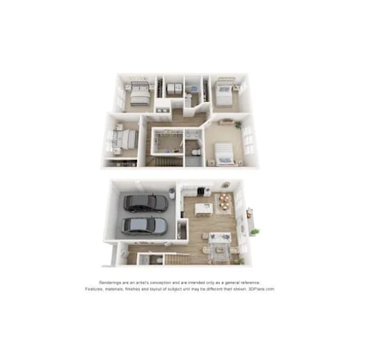 Floor Plan  A 3D floor plan of a house with two bedrooms, a living room, a kitchen, and a garage.