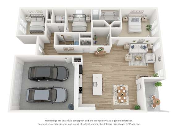 Floor Plan  A 3D floor plan of a house with a kitchen, living room, and two bedrooms.