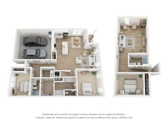 Floor Plan  A 3D floor plan of a house with two bedrooms, two bathrooms, a living room, a kitchen, and a garage.