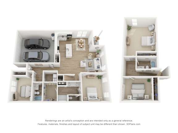 Floor Plan  A 3D floor plan of a house with multiple rooms and furniture.