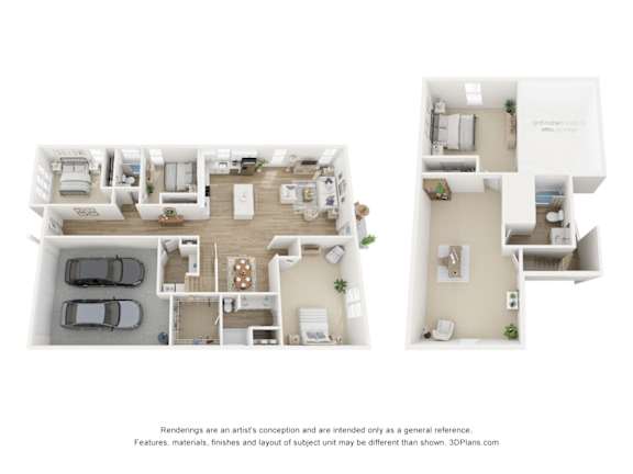 Floor Plan  A white 3D floor plan of a house with two bedrooms, a living room, a kitchen, a bathroom, and a garage.